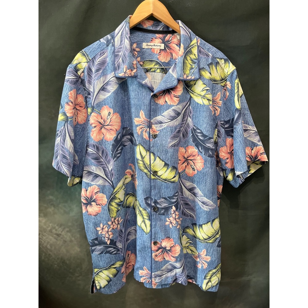 Tommy Bahama Mens XL Silk Coolmax Tropical Floral Hibiscus Blue Camp Shirt